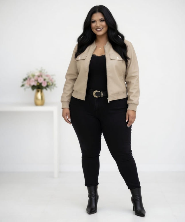 KissICON Outerwear Chic Plus Size Faux Leather Bomber Jacket for Fall