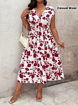 jkthpu-45 Chic Plus Size Floral VNeck Summer Vacation Dress