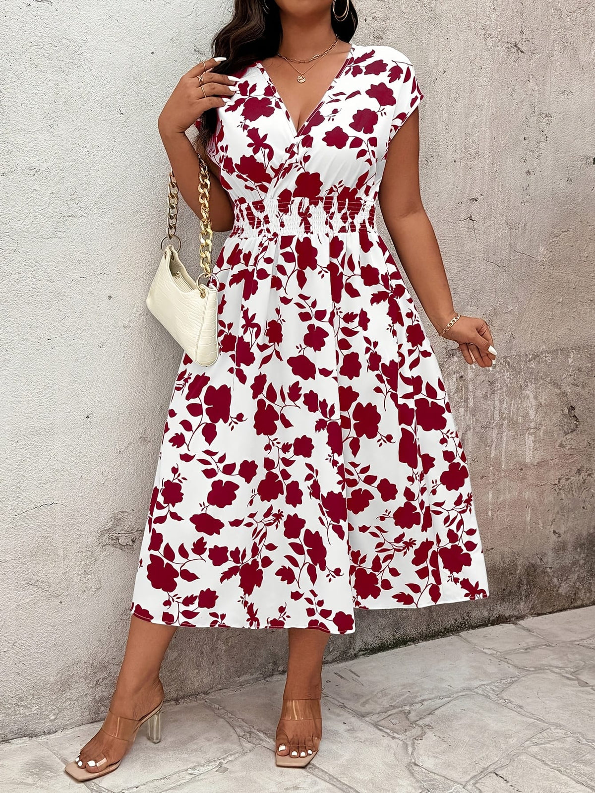 jkthpu-45 Chic Plus Size Floral VNeck Summer Vacation Dress