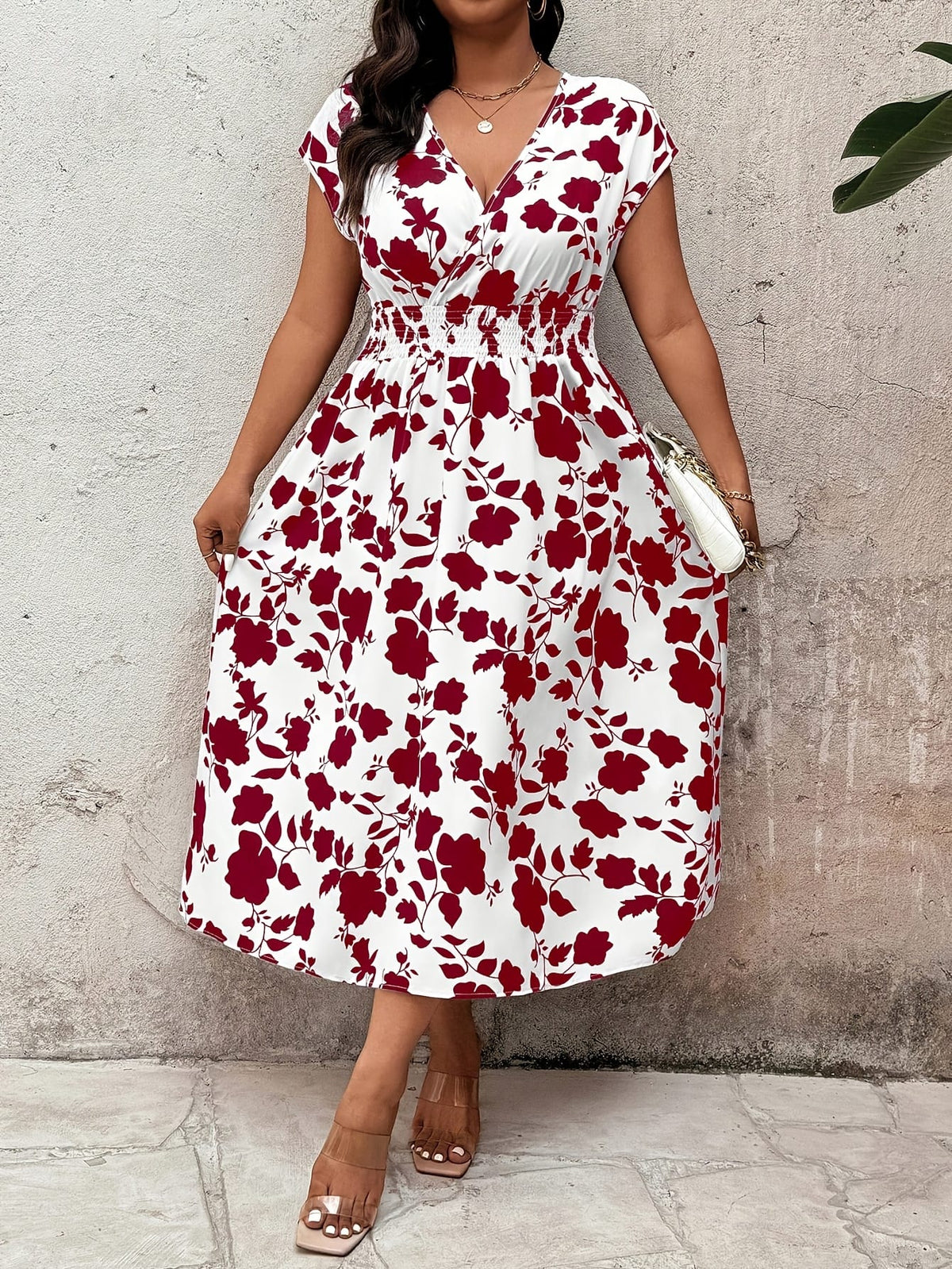 jkthpu-45 Chic Plus Size Floral VNeck Summer Vacation Dress