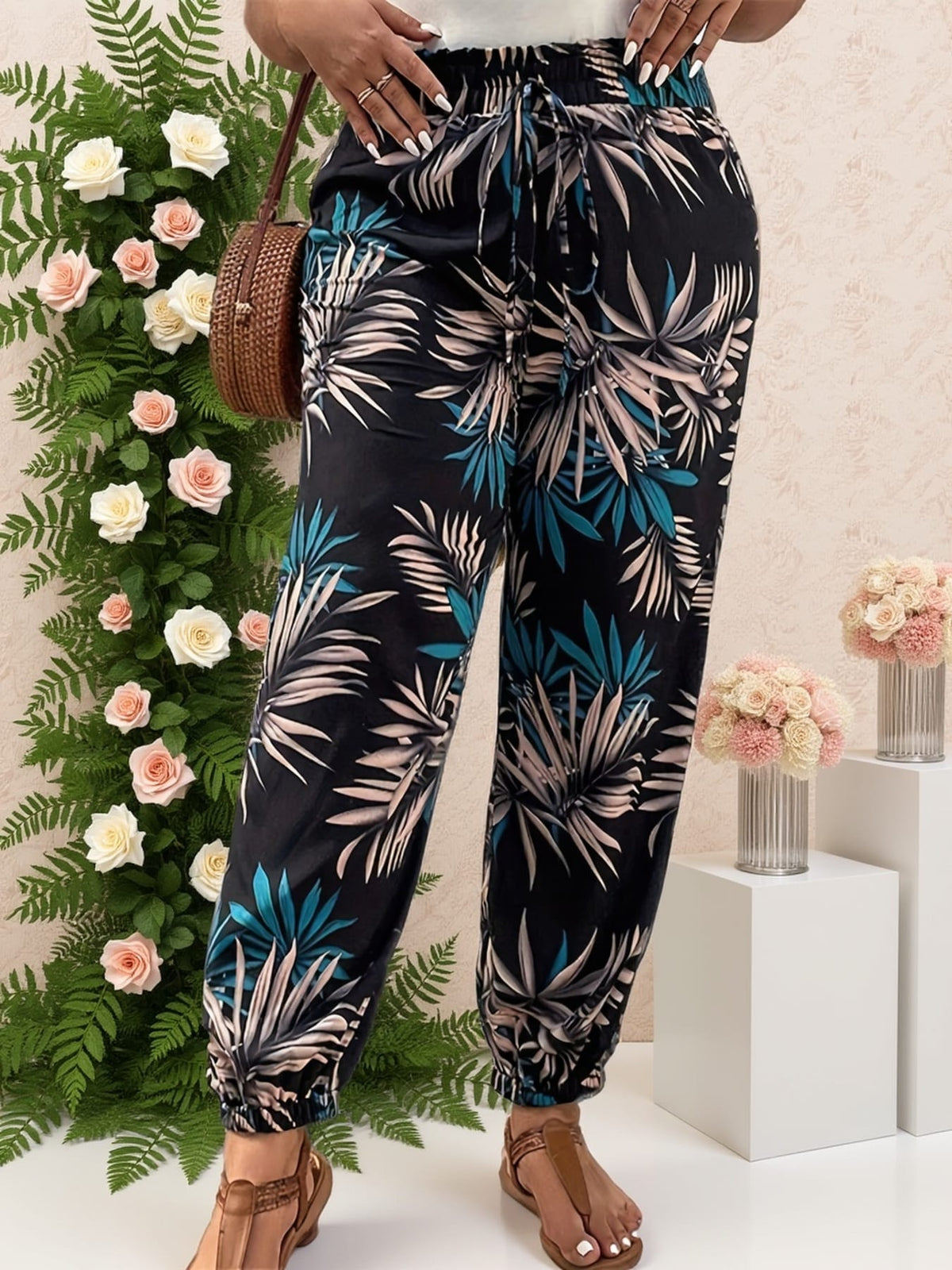 jkthpu-45 Trousers Chic Plus Size HighWaisted Printed Tapered Pants