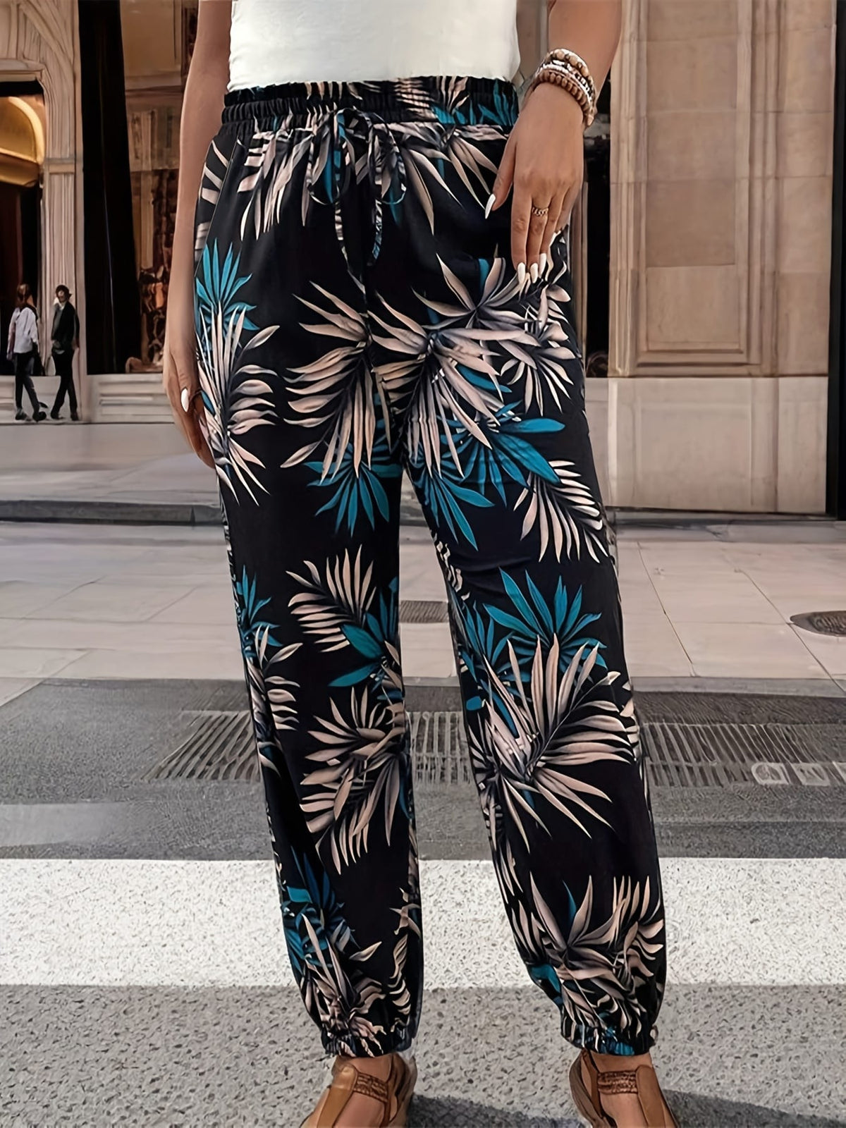 jkthpu-45 Trousers Chic Plus Size HighWaisted Printed Tapered Pants