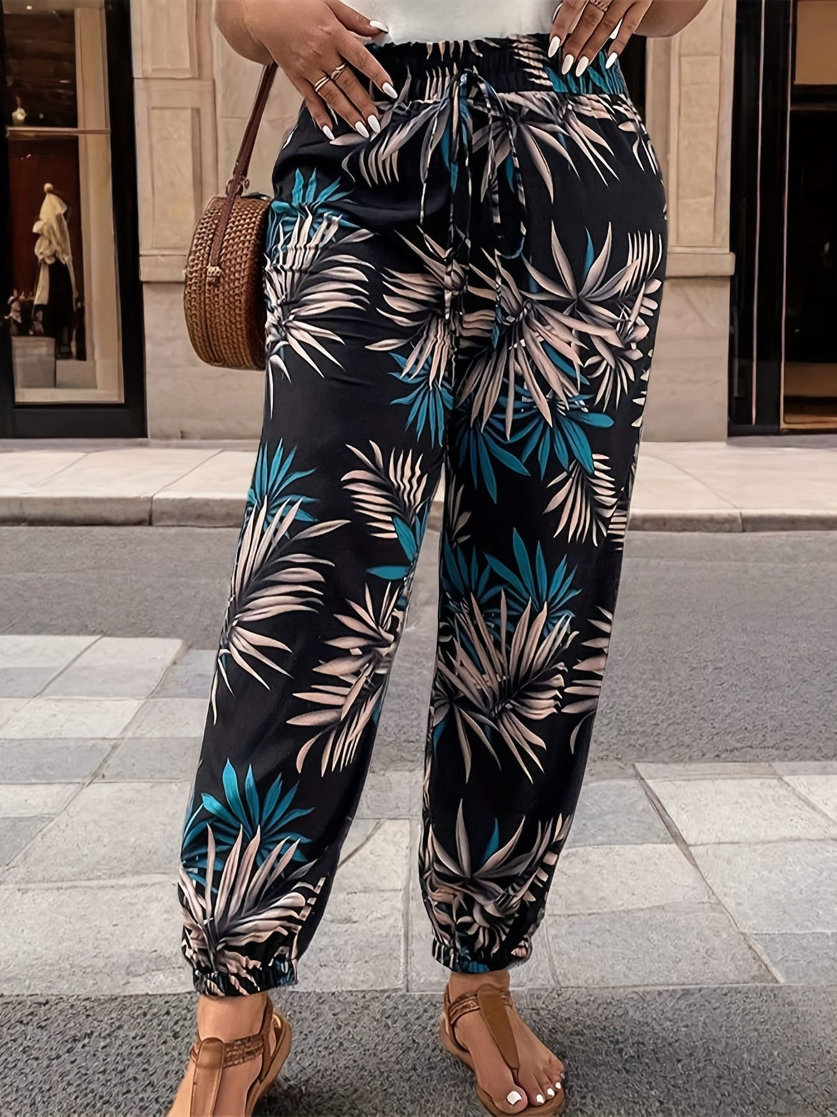 jkthpu-45 Trousers Chic Plus Size HighWaisted Printed Tapered Pants