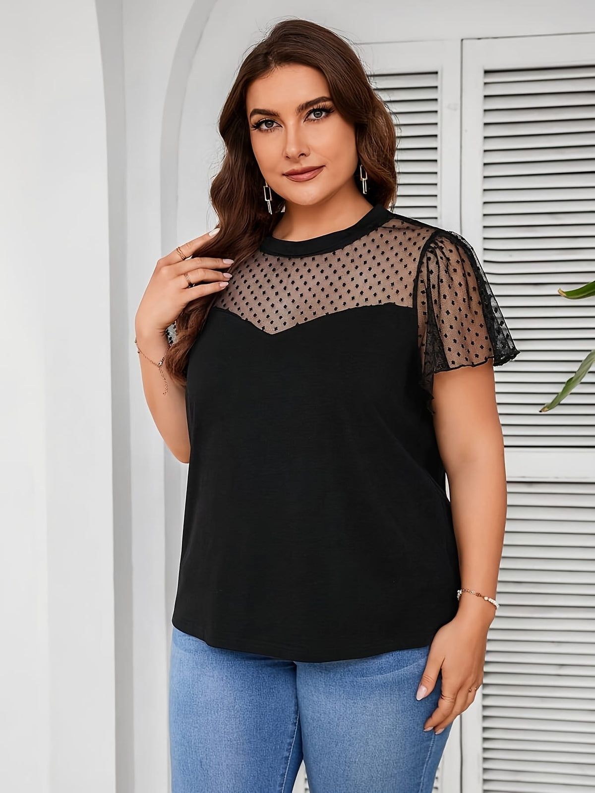 jkthpu-45 Chic Plus Size Polka Dot Mesh Lace Trim Summer TShirt