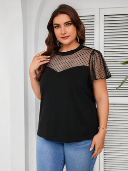 jkthpu-45 Chic Plus Size Polka Dot Mesh Lace Trim Summer TShirt