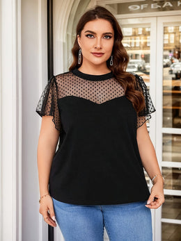 jkthpu-45 Chic Plus Size Polka Dot Mesh Lace Trim Summer TShirt