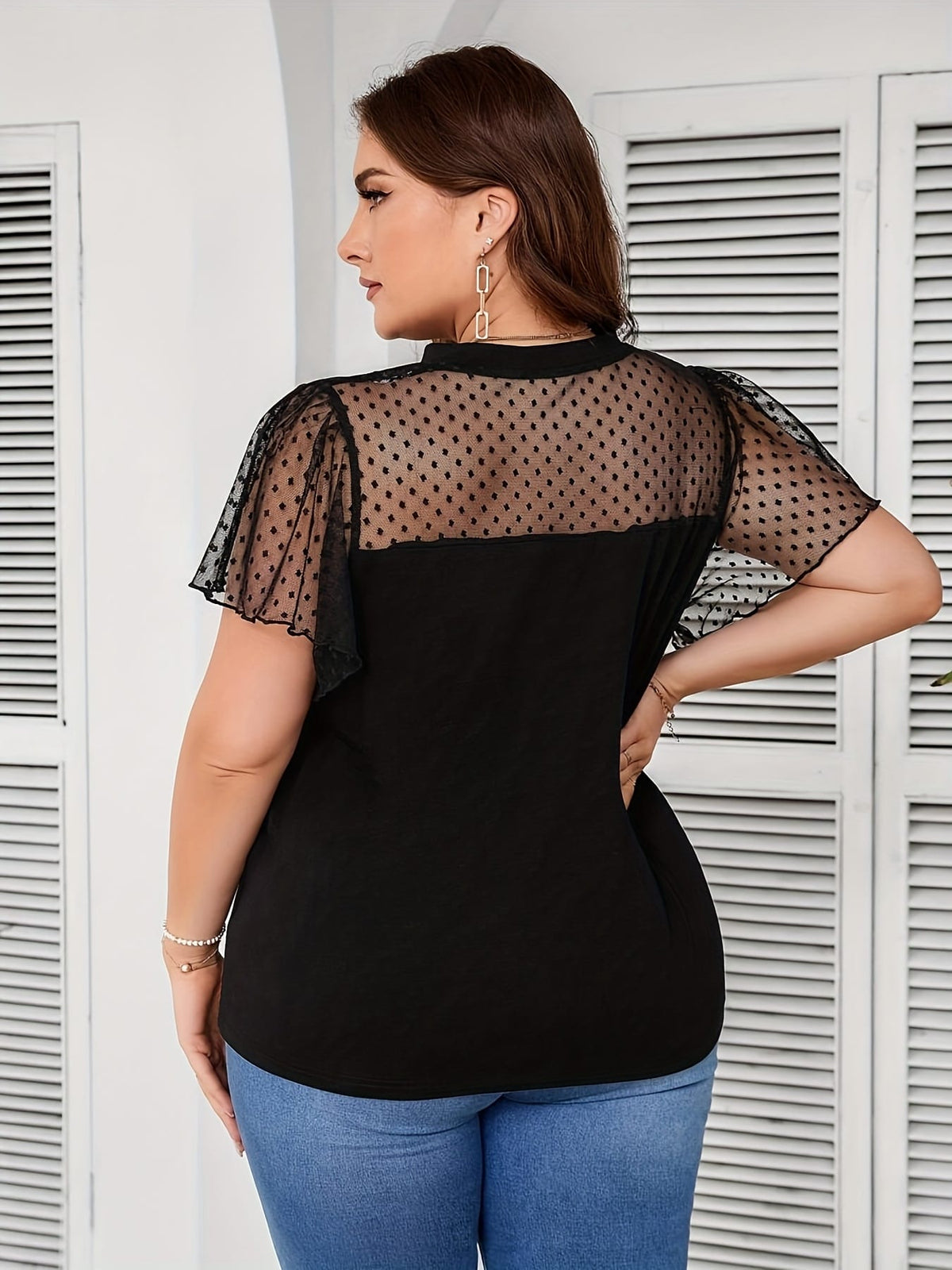 jkthpu-45 Chic Plus Size Polka Dot Mesh Lace Trim Summer TShirt