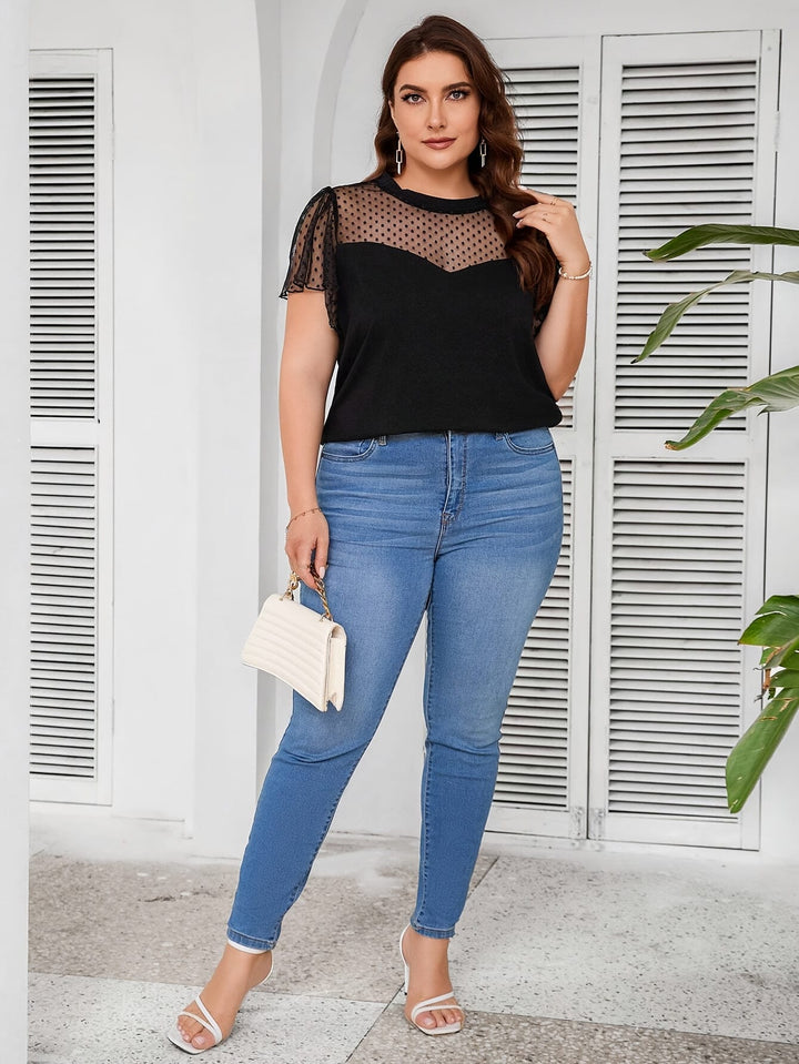 Chic Plus Size Polka Dot Mesh Lace Trim Summer TShirt