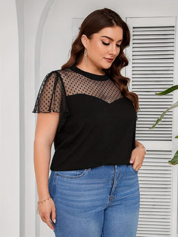 jkthpu-45 Chic Plus Size Polka Dot Mesh Lace Trim Summer TShirt