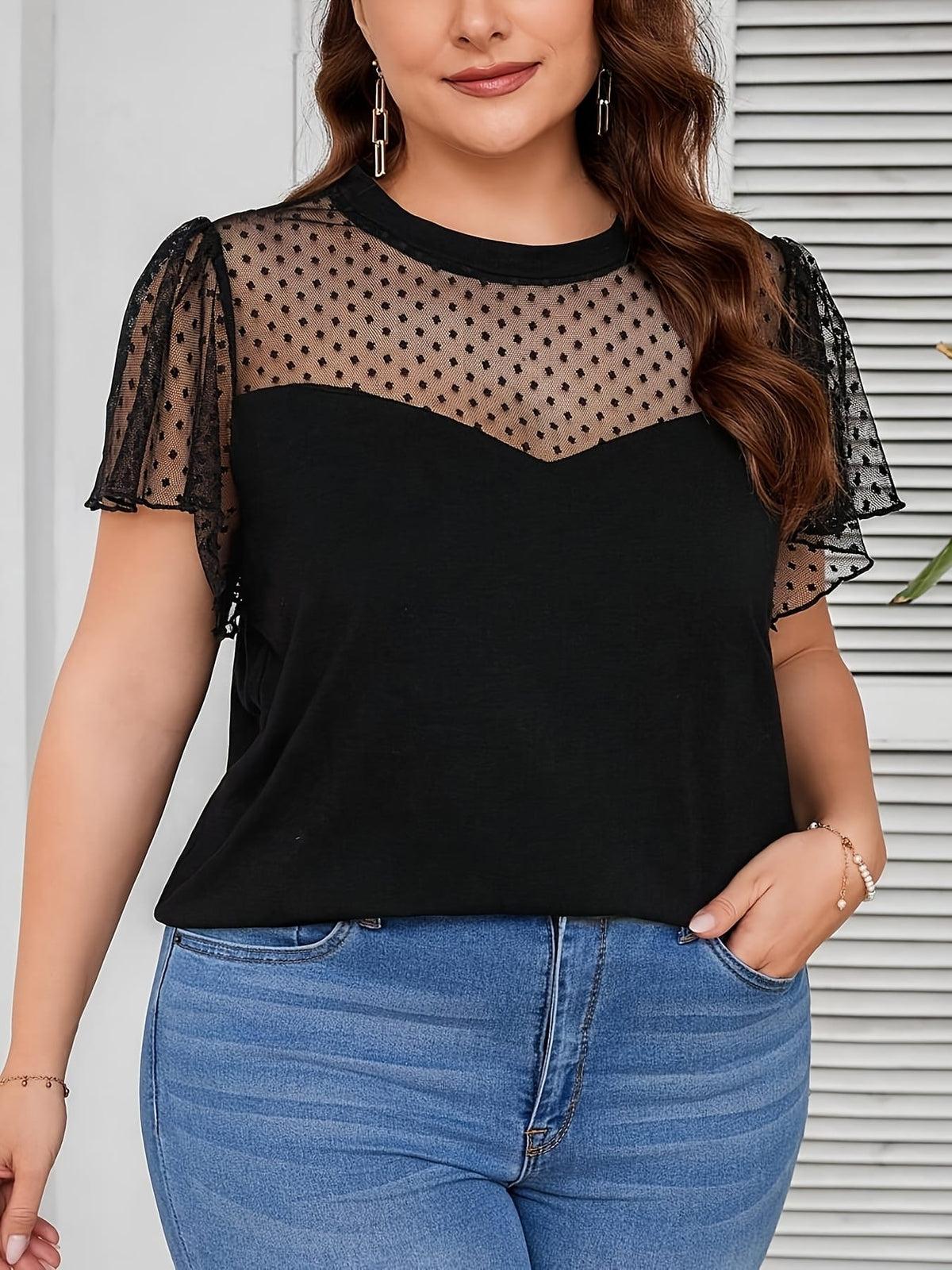 jkthpu-45 Chic Plus Size Polka Dot Mesh Lace Trim Summer TShirt