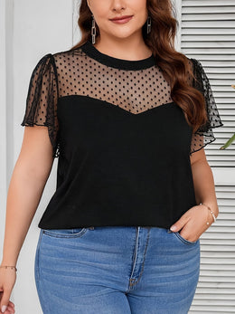 jkthpu-45 Chic Plus Size Polka Dot Mesh Lace Trim Summer TShirt