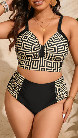 jkthpu-45 Chic Plus Size Printed HighWaist Bikini Set