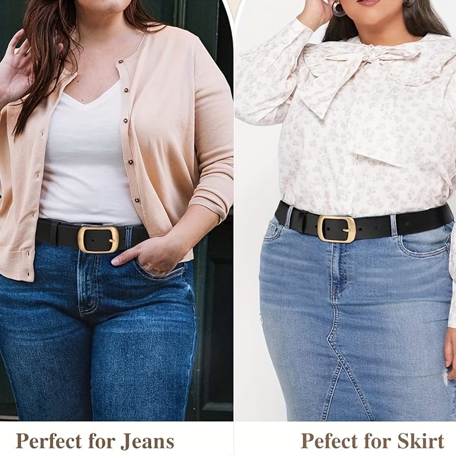 jkthpu-45 Chic Plus Size PU Belt Oval Gold Buckle for Work  Campus
