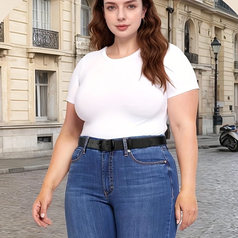jkthpu-45 Chic Plus Size PU Belt Oval Gold Buckle for Work  Campus