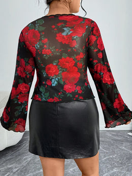 jkthpu-45 Chic Plus Size SemiSheer VNeck Tie Blouse