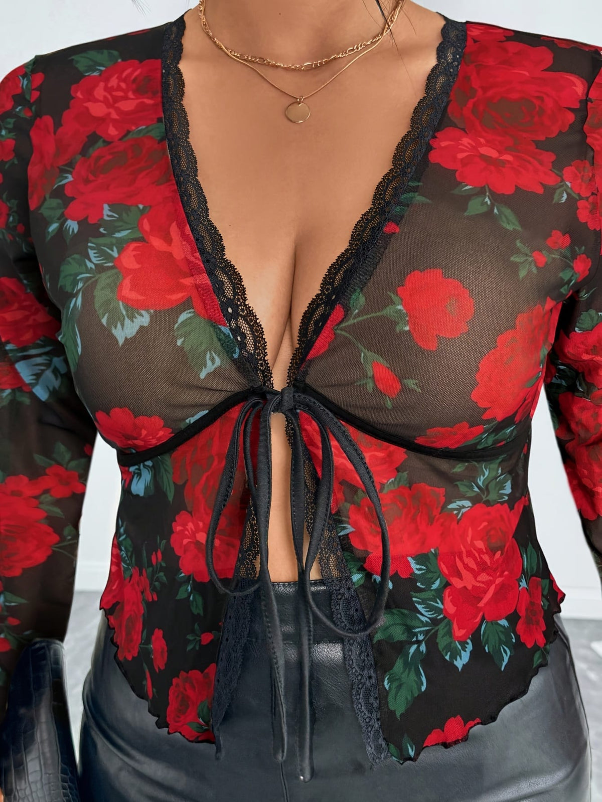 jkthpu-45 Chic Plus Size SemiSheer VNeck Tie Blouse