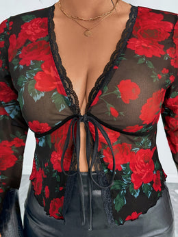 jkthpu-45 Chic Plus Size SemiSheer VNeck Tie Blouse