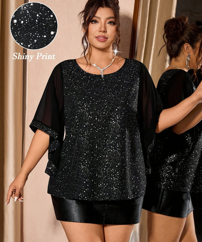 jkthpu-45 Chic Plus Size Sequin Patchwork Chiffon Blouse