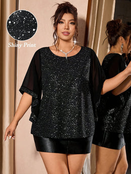 jkthpu-45 Chic Plus Size Sequin Patchwork Chiffon Blouse