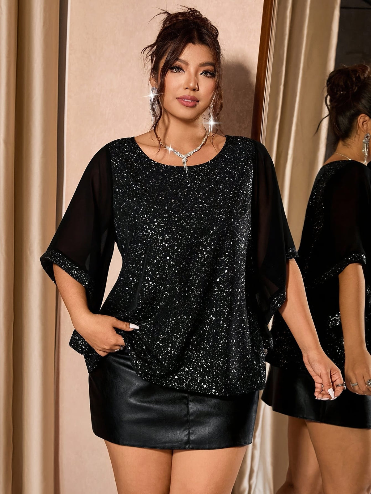 jkthpu-45 Chic Plus Size Sequin Patchwork Chiffon Blouse