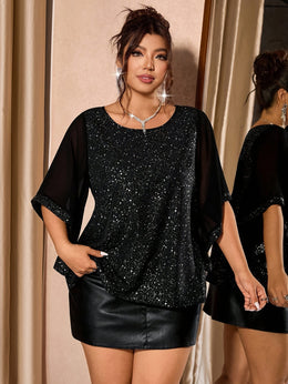 jkthpu-45 Chic Plus Size Sequin Patchwork Chiffon Blouse