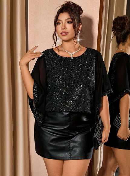 jkthpu-45 Chic Plus Size Sequin Patchwork Chiffon Blouse