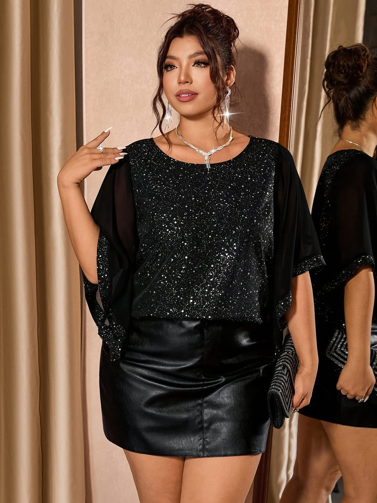 jkthpu-45 Chic Plus Size Sequin Patchwork Chiffon Blouse