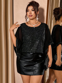 jkthpu-45 Chic Plus Size Sequin Patchwork Chiffon Blouse