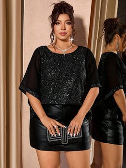 jkthpu-45 Chic Plus Size Sequin Patchwork Chiffon Blouse