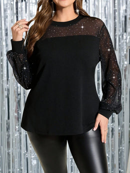 jkthpu-45 Chic Plus Size Shiny Mesh Spliced LongSleeve Party Top