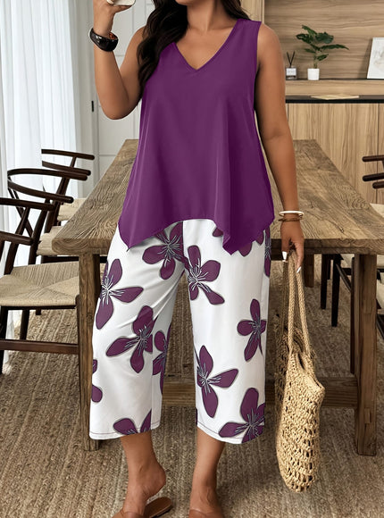 jkthpu-45 Chic Plus Size Spring Floral Set VNeck Top  Wide Leg Pants