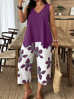 jkthpu-45 Chic Plus Size Spring Floral Set VNeck Top  Wide Leg Pants