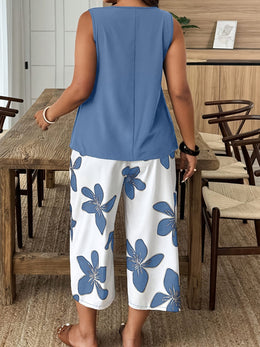 jkthpu-45 Chic Plus Size Spring Floral Set VNeck Top  Wide Leg Pants