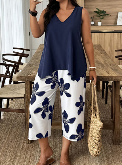 jkthpu-45 Chic Plus Size Spring Floral Set VNeck Top  Wide Leg Pants