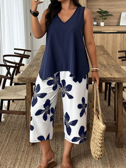 jkthpu-45 Chic Plus Size Spring Floral Set VNeck Top  Wide Leg Pants