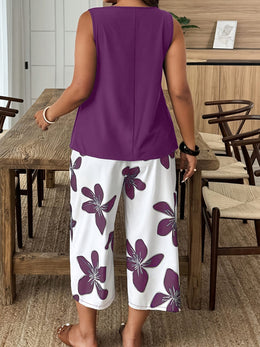 jkthpu-45 Chic Plus Size Spring Floral Set VNeck Top  Wide Leg Pants