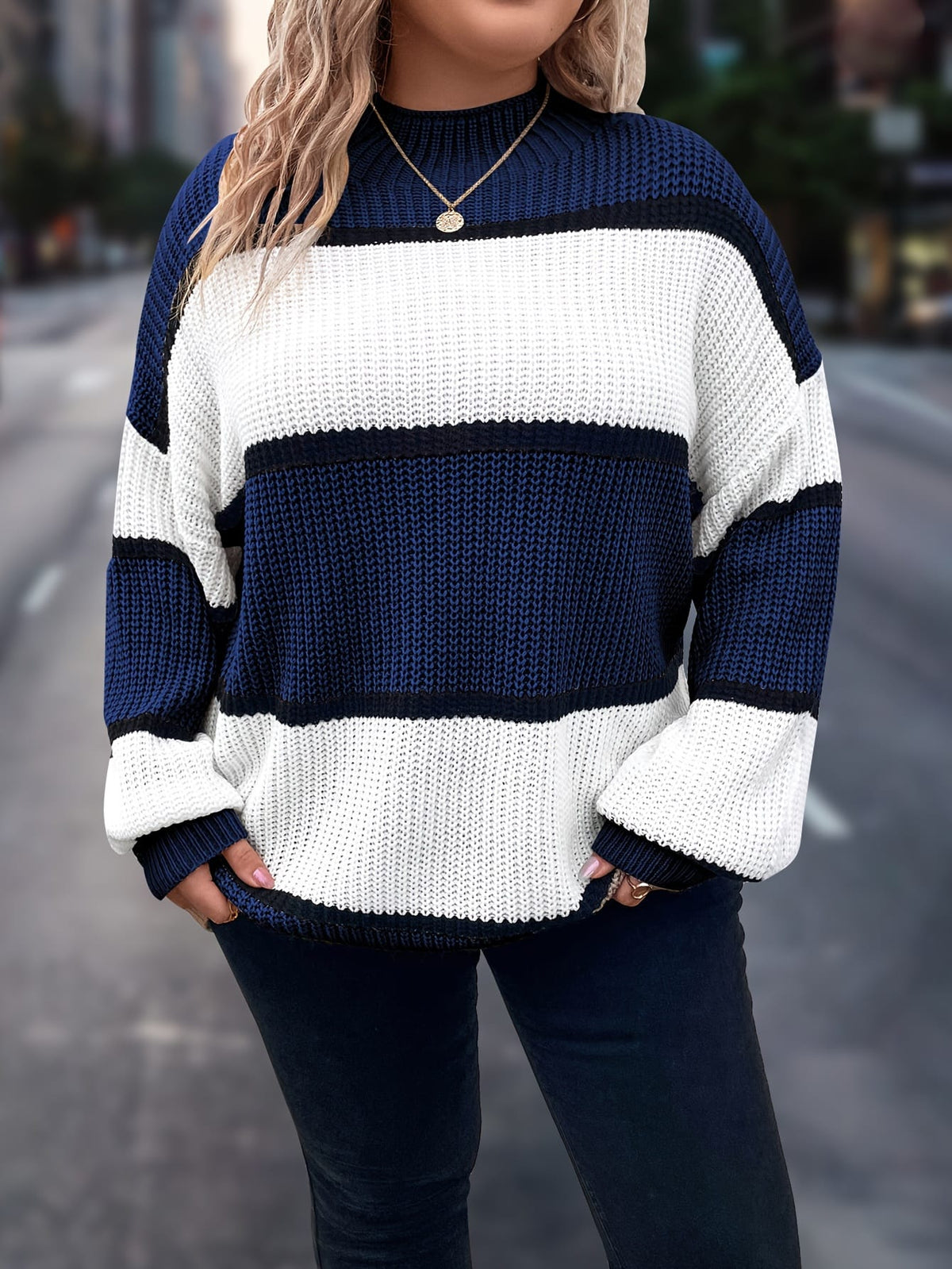 jkthpu-45 Chic Plus-Size Striped Sweater for Women - Cozy