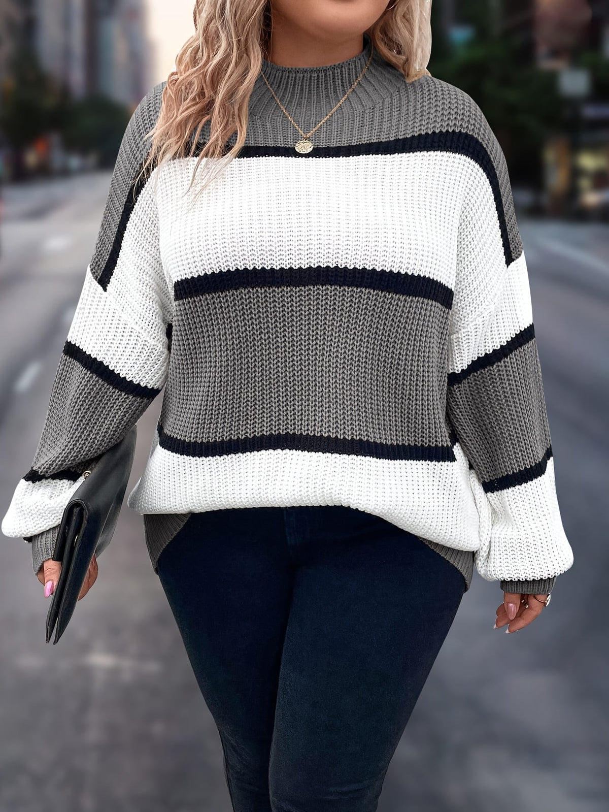 jkthpu-45 Chic Plus-Size Striped Sweater for Women - Cozy