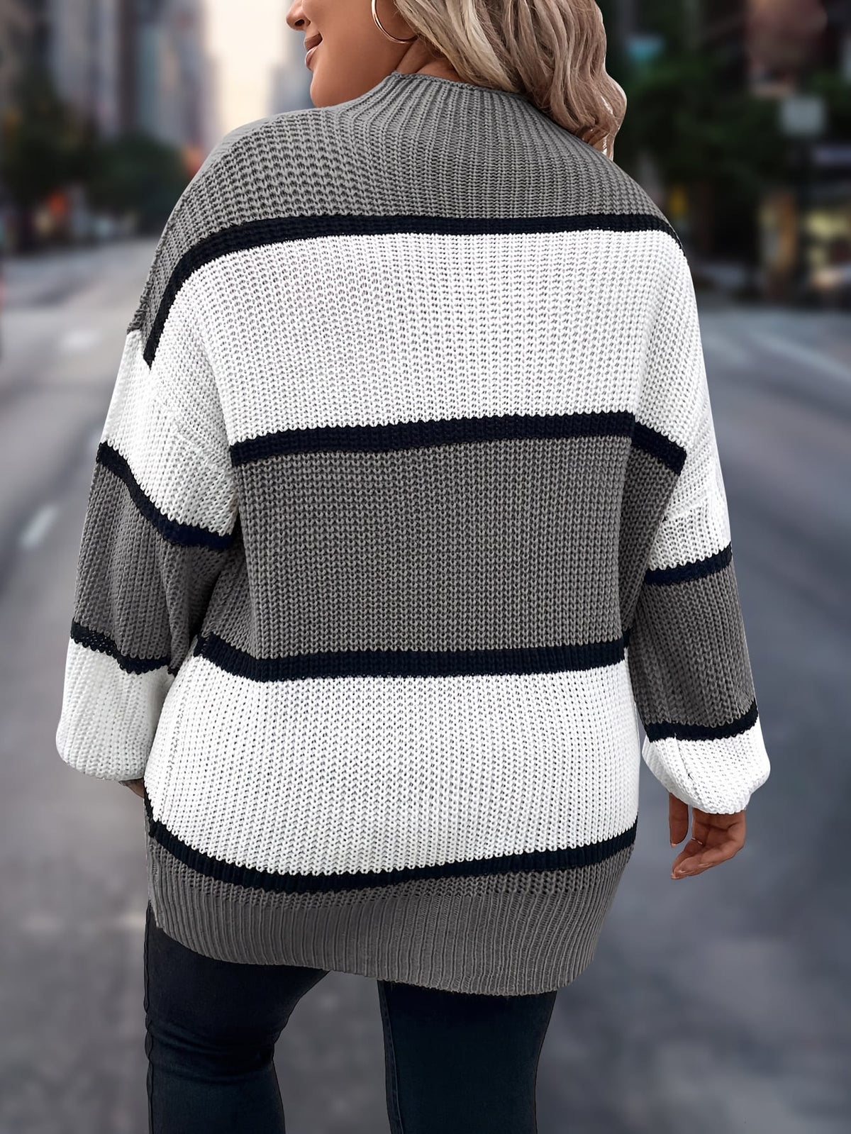 jkthpu-45 Chic Plus-Size Striped Sweater for Women - Cozy
