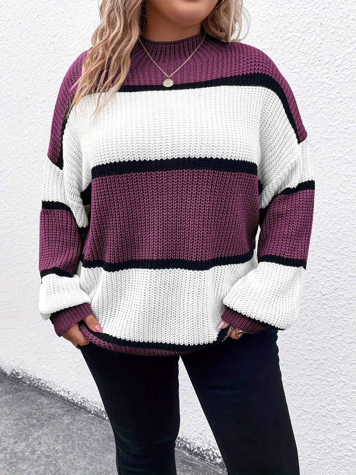 jkthpu-45 Chic Plus-Size Striped Sweater for Women - Cozy