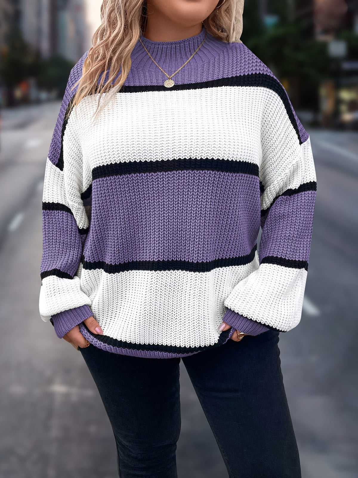 jkthpu-45 Chic Plus-Size Striped Sweater for Women - Cozy