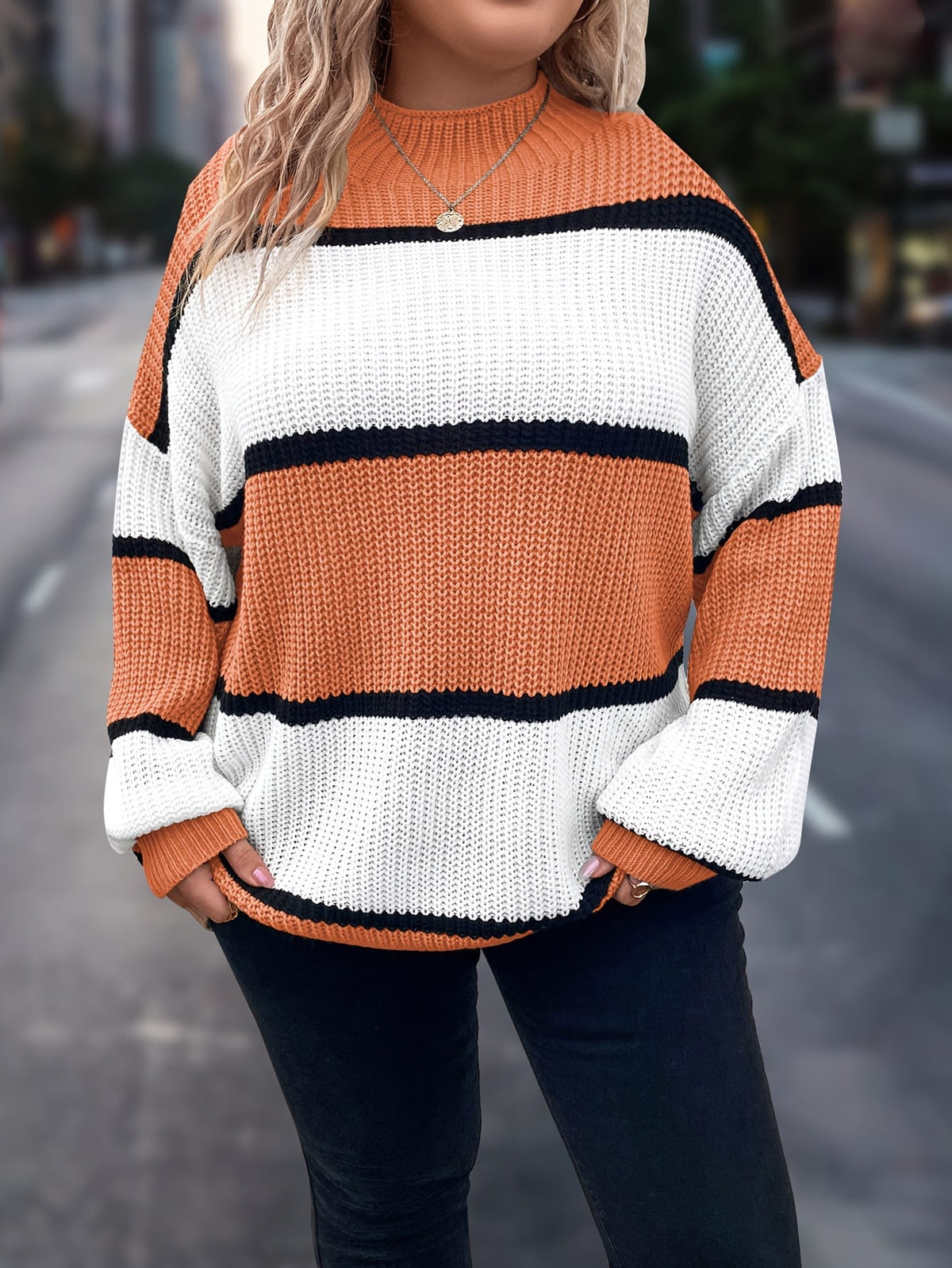 jkthpu-45 Chic Plus-Size Striped Sweater for Women - Cozy