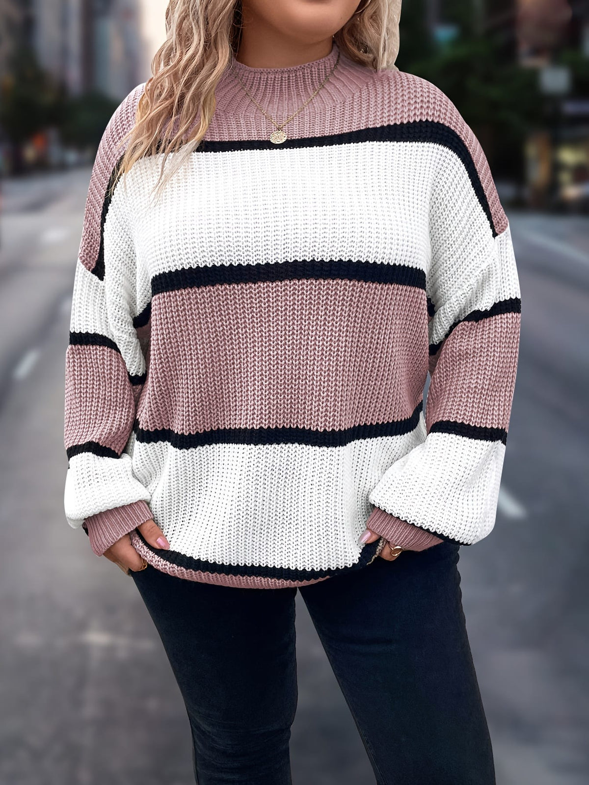 jkthpu-45 Chic Plus-Size Striped Sweater for Women - Cozy