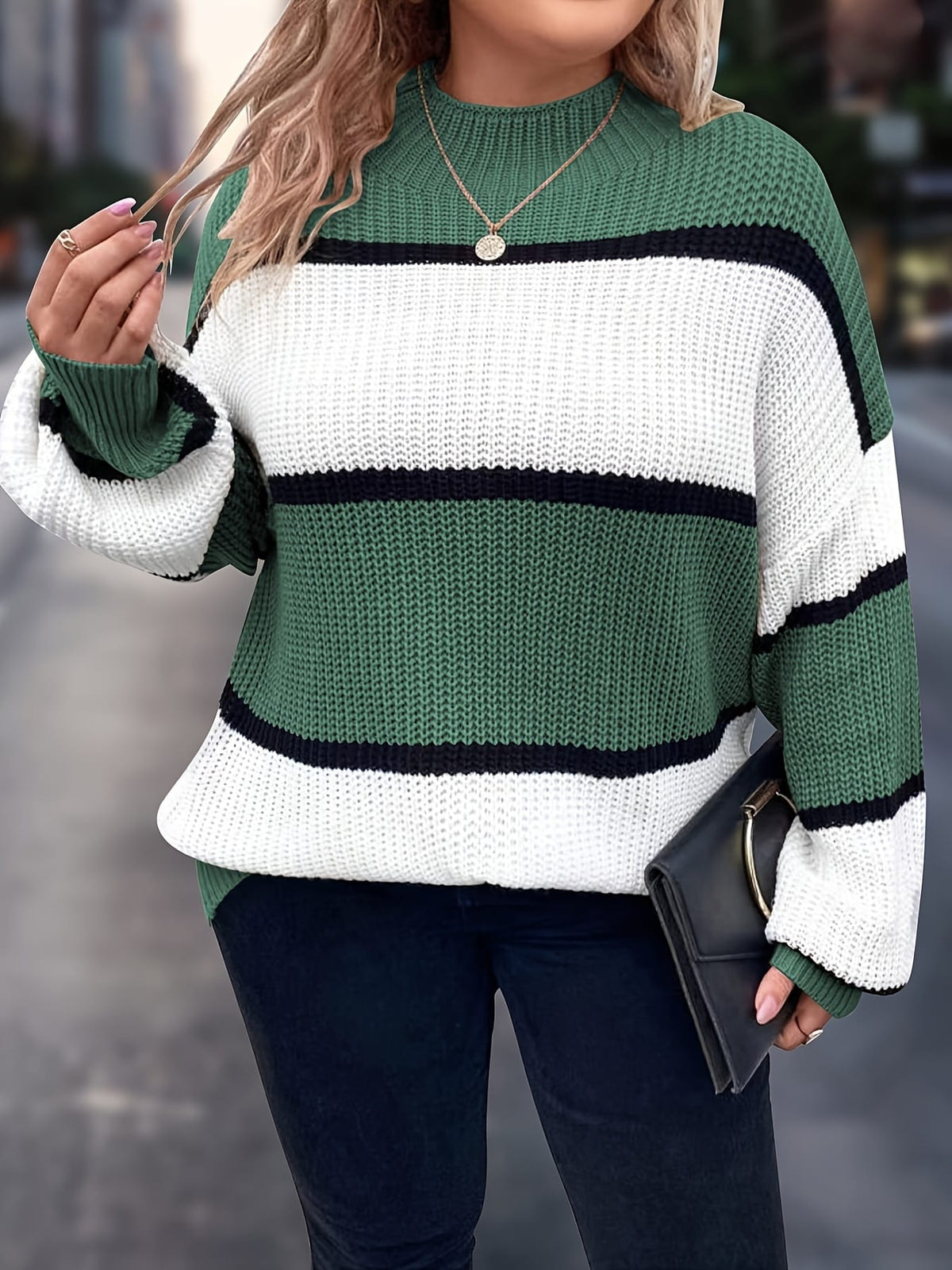 jkthpu-45 Chic Plus-Size Striped Sweater for Women - Cozy