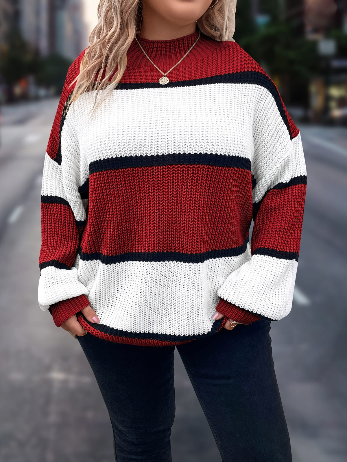 jkthpu-45 Chic Plus-Size Striped Sweater for Women - Cozy