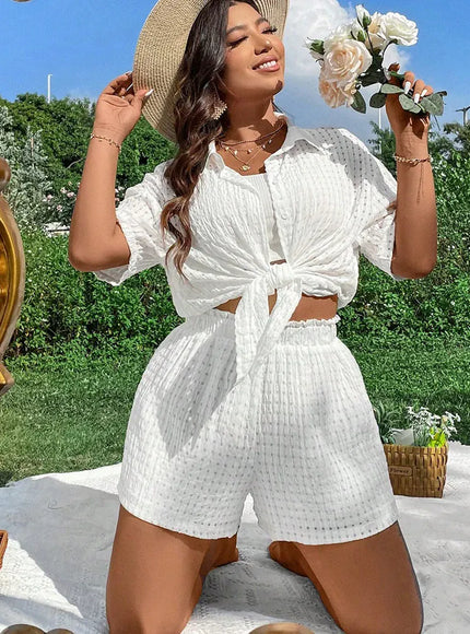 KissICON Co-ord Sets Chic Plus Size Summer Knit Cutout Beach Suit