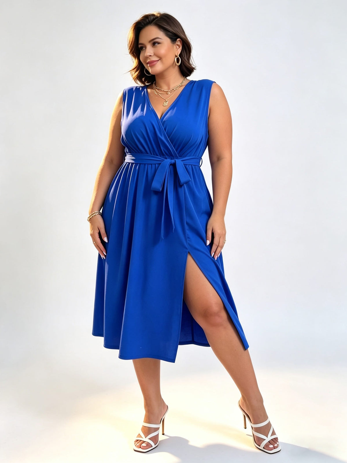 KissICON Dresses Chic Plus Size Summer Solid CrossSlit Belted Maxi Dress