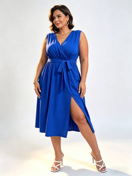 KissICON Dresses Chic Plus Size Summer Solid CrossSlit Belted Maxi Dress