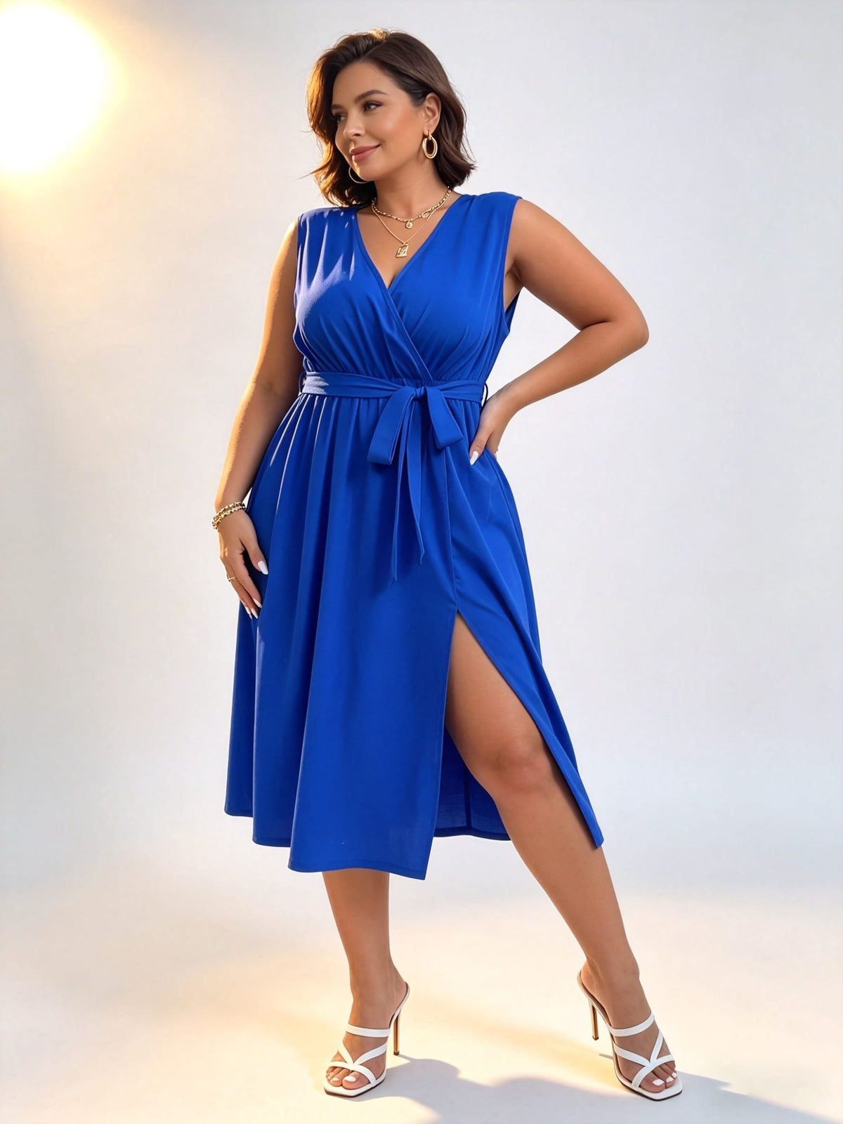 KissICON Dresses Chic Plus Size Summer Solid CrossSlit Belted Maxi Dress
