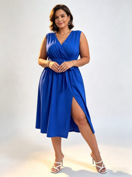KissICON Dresses Chic Plus Size Summer Solid CrossSlit Belted Maxi Dress